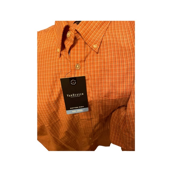 Van Heusen men’s large 16-16.5 button down sort sleeve shirt NWT orange plaid - Picture 4 of 6